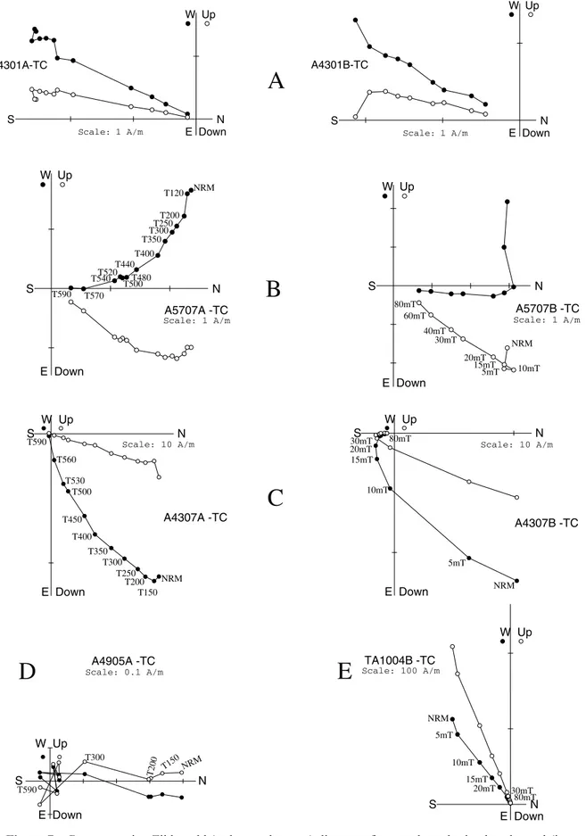 Figure 7. Representative Zijderveld (orthogonal vector) diagrams for samples submitted to thermal (in C) and AF (in mT) demagnetizations