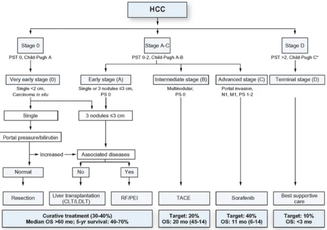 Figure 2-3: Reproduced from [41] and [42]. Barcelona Liver Cancer Staging system with treatment  recommendations