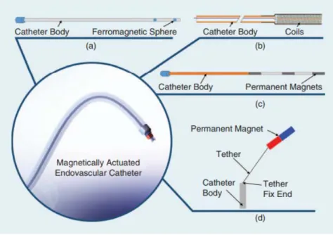 Figure 2-5: Reproduced from [79]. Four different concepts of catheters that can be magnetically actuated