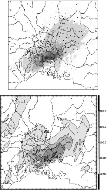 Fig. 1. (a) Observed from radar, and (b) simulated precipitations (in mm) between 12 and 22 UTC on 8 September 2002.