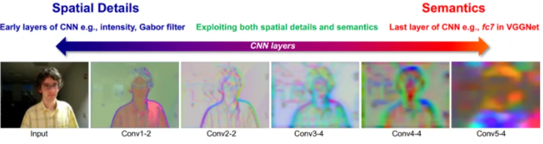 Figure 2.9 Visualization of deep hierarchical feature. Features from earlier layers contain more low-level information similar to the response map of Gabor filters [10]