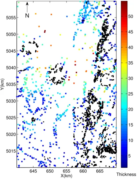 Figure 5.4 Map of study area and sample data. Borehole data as squares and outcrops as black dots