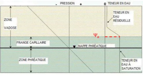 Figure 2.3 : Nomenclature, profils de teneur en eau et de pression au-dessus et en dessous d’une  nappe phréatique (adapté de Cosset, 2009) 