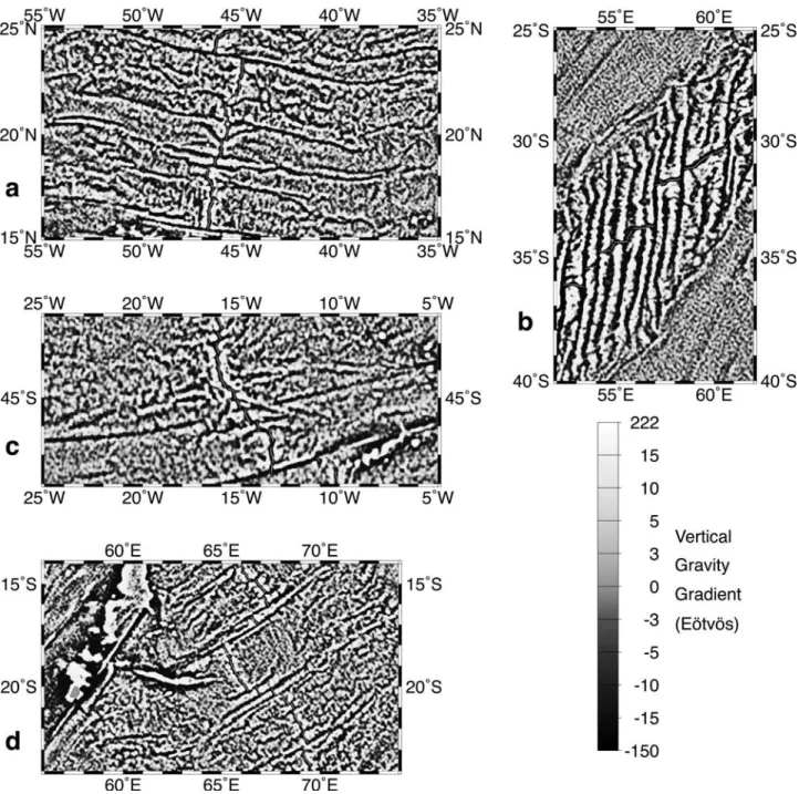 Figure 11. Maps of the vertical gravity gradient in areas typical of the segmentation evolution