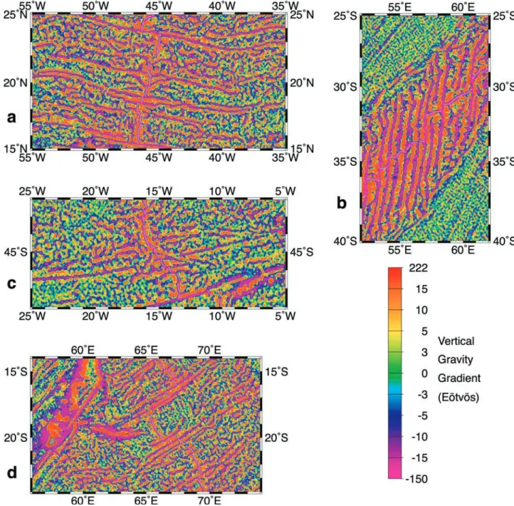Figure 11. Maps of the vertical gravity gradient in areas typical of the segmentation evolution