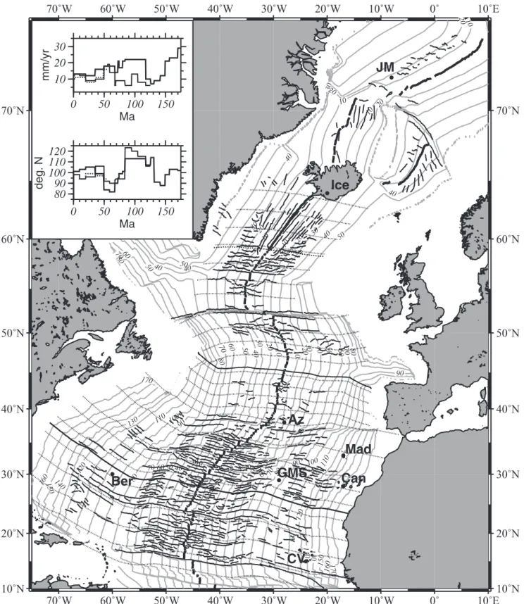 Figure 2. Gravity lineations identified in the northern and central Atlantic. Thin solid lines are traces of discontinuities