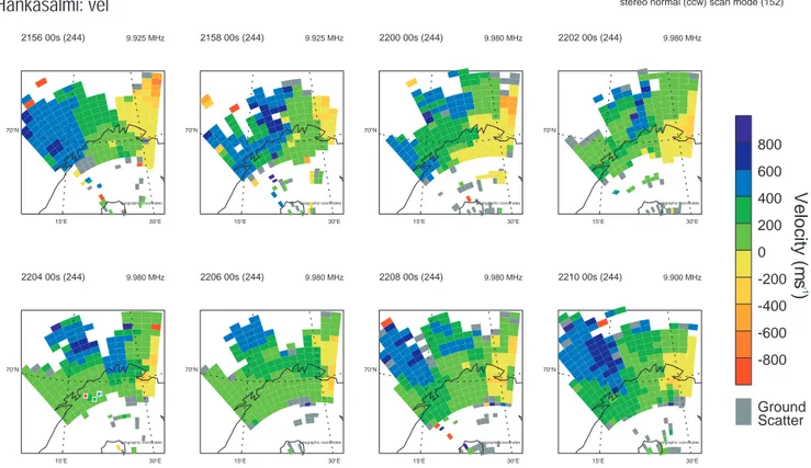 Fig. 10. Two-dimensional maps of the CUTLASS Finland flow data over the interval 21:56-22:10 UT