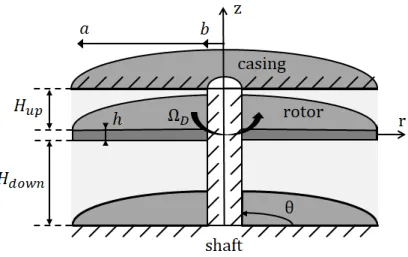 Figure 2.1 Studied geometry in §2.1 and §2.2: the disk with angular speed Ω D , outer radius