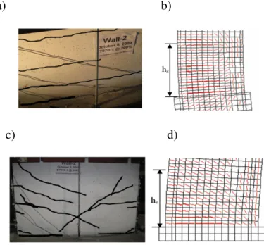 Figure 3-12: Cumulative crack patterns in W2 under 200% EQ: (a) 6 th  level based on the test; (b) 6 th  level  based on the VT2 model; (c) at the base based on the test; and (d) at the base based on the VT2 model