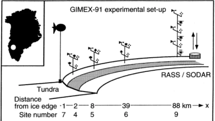 Fig. 1. Locations of ®ve dierent sites used in the present study on a west-east transect perpendicular to the edge of the Greenland ice sheet, close to Sùndre Strùmfjord (from GalleÂe et al., 1995)