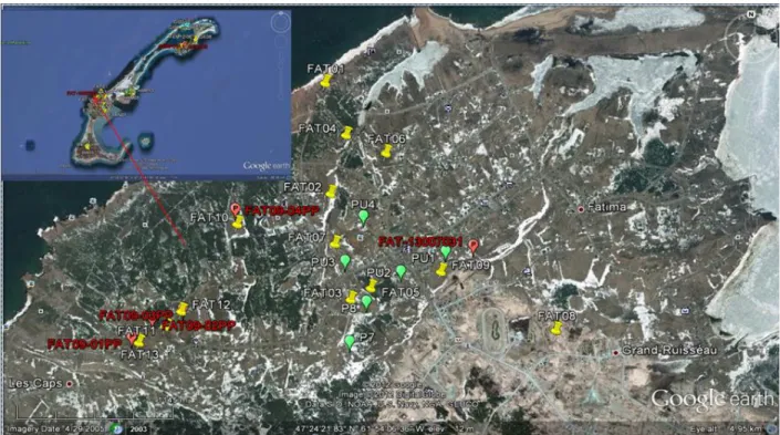 Figure 1.4 : Position des sondages TEM à Fatima (en jaune), en vert les anciens puits municipaux  et en rouge les puits récents de 2009