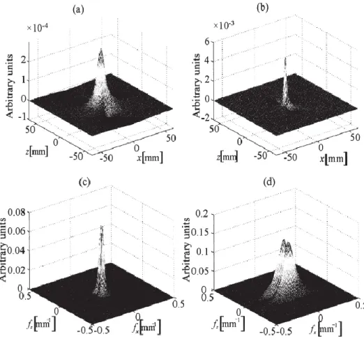 Fig. 2.15.  Spatial and spatial frequency domain potential distributions at the skin surface (a and c) and directly over the muscle (b  and d) as generated by a fiber located at 2 mm under the skin Simulated thickness of 3 and 1 mm was respectively used fo