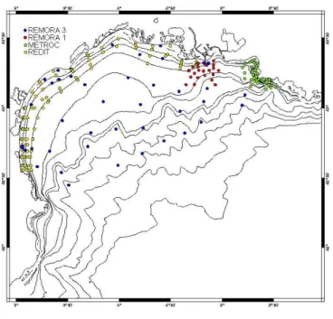Fig. 3.3 – Stations de mesures des campagnes REDIT, REMORA 1, REMORA 3 et METROC.
