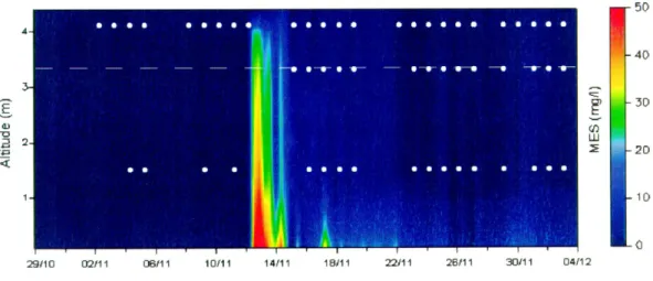 Fig. 4.6 – Evolution temporelle de la concentration particulaire (mg L − 1 ) dans la couche de fond