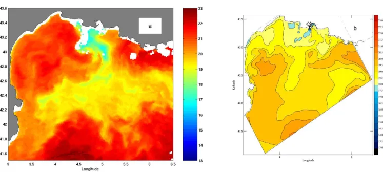 Fig. 4.15 – Champs de temp´erature de surface (˚C) observ´e par satellite (a) et simul´e (b) pour le 10 octobre 1999, 3 jours apr`es l’initialisation.