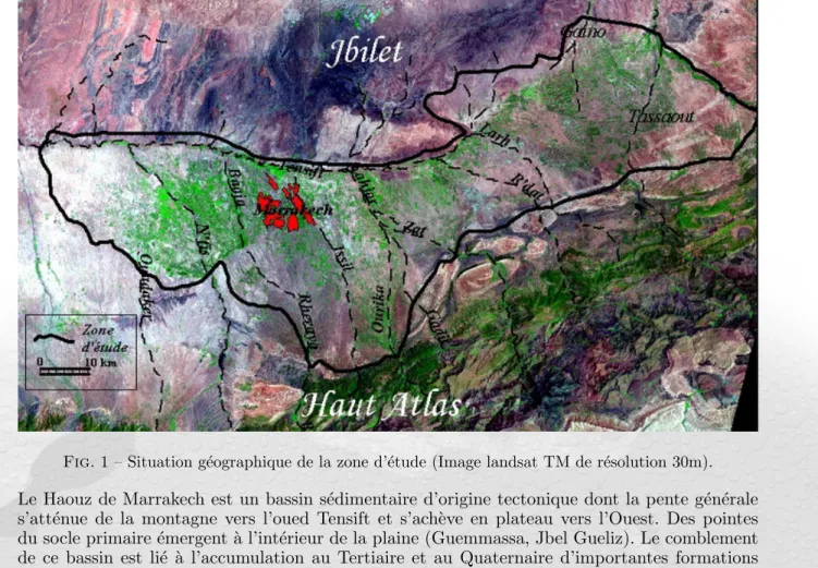 Fig. 1 – Situation g´ eographique de la zone d’´ etude (Image landsat TM de r´ esolution 30m).