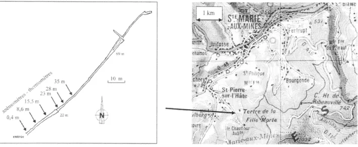 Fig. 2  :  Localisation et topographie de la mine « Sans Nom », avec les positions des capteurs utilisés lors de la phase expérimentale de l'étude
