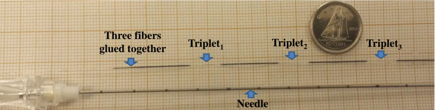 Figure 4.3: Image shows a 20G Spinal needle and three fibers glued together. Each fiber includes  three FBGs triplets