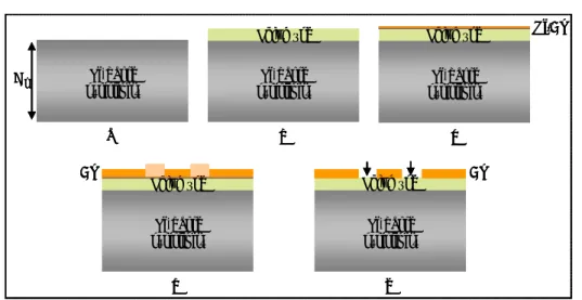 Figure 2.3 :  Procédé technologique de réalisation d’une ligne CPW sur polymère  (a)  Nettoyage du substrat silicium; 