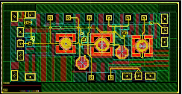 Figure I. 32 : Dessin des masques de l’amplificateur faible bruit reconfigurable pour un assemblage  « Above IC » 