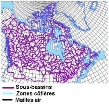 Figure  2.7  Superposition  des  cartes  des  sous-bassins,  zones  côtières  et  mailles  d‘air  (carte  des  sous-bassins recherchée de RNCan (2003), cartes des zones côtières et mailles d‘air recherchées  du blog RUIG (Schwarzer, 2005); les 3 cartes ont