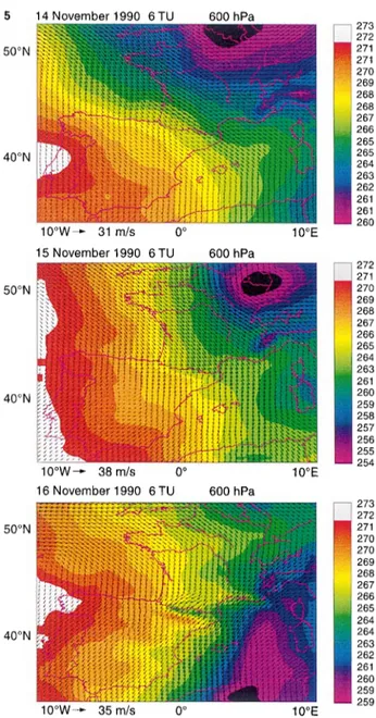Fig. 4. Isolevels of temperature (colors, in K) and horizontal wind (arrows) at 600 hpa (top) and 200 hPa (bottom) for 15 October 1990 at 06:00 UT (from Peridot Analysis of MeÂteÂo-France)