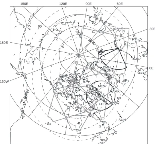 Fig. 1. Illustration of the dierent radar sites and their approximate ®elds-of-view (FOV) located at high latitudes