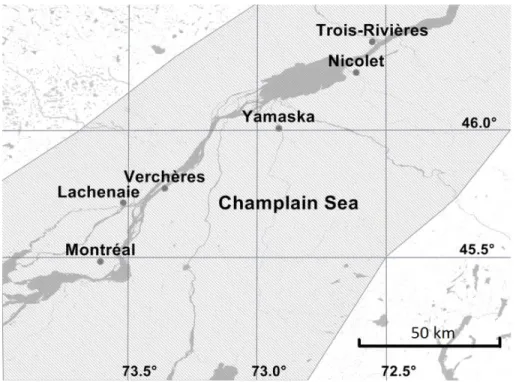 Figure 2.9:  Maximum area covered by the Champlain Sea in southern Quebec, adapted from  Duhaime (2012) 