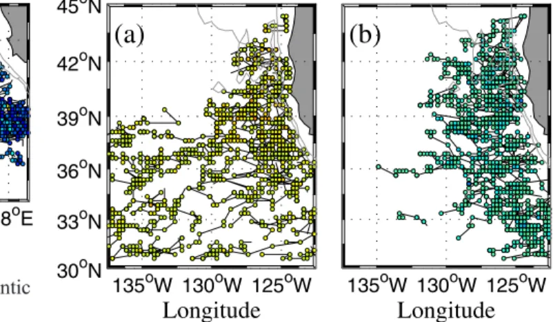Figure 3. As for Figure 1, but in the northeast Pacific Ocean. Here we plot negative relative vorticity for this northern hemisphere case, so that anti – cyclonic eddies remain in yellow/red, and cyclonic eddies in blue.