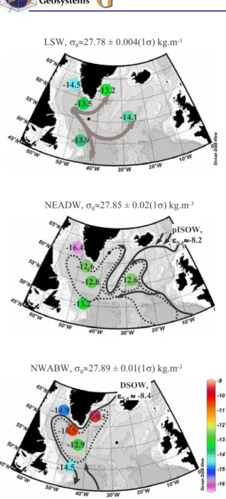 Figure 4. Distribution of e Nd along isopycnal surfaces