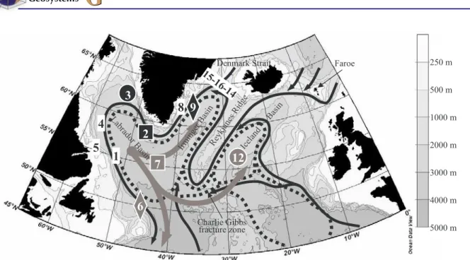 Figure 1. Map of the studied area. Isolines show the topography. Sampling sites are represented by different symbols and identified by station numbers