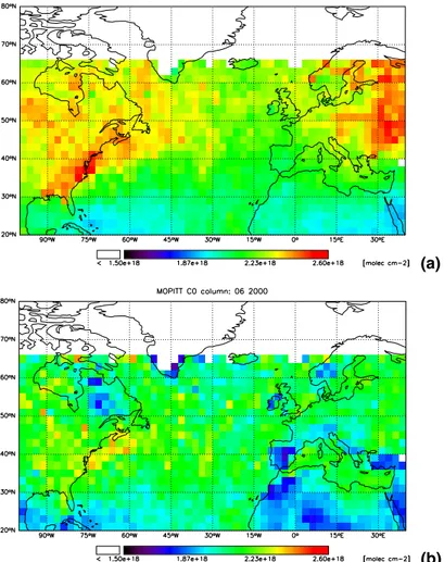 Fig. 1. Monthly mean CO column in June 2000 from: (a) GEOS-CHEM (transformed) and (b) MOPITT