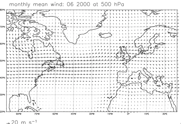 Fig. 4. GEOS-CHEM monthly mean winds at 500 hPa for: (a) June 2000, (b) July 2000, and (c) August 2000.