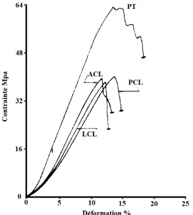 Figure 1-7: Courbe contrainte-déformation pour les différents ligaments: ligaments croisés (ACL  et PCL), ligament collatéral latéral (LCL) et du tendon rotulien (PT)