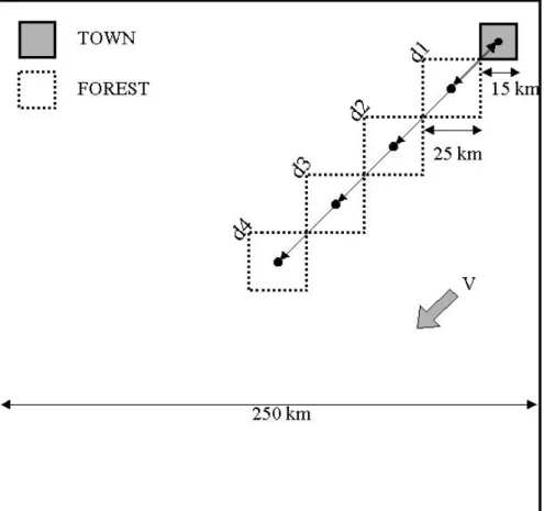 Figure 3. Schematic configuration of the idealized domain of simulation to study the  interactions between of the anthropogenic plume coming from TOWN area and isoprene 