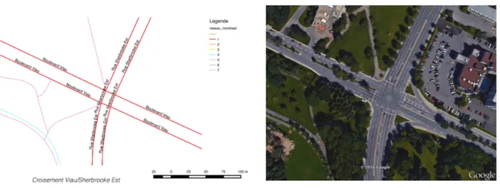 Figure 4-2 Croisement Viau/Sherbrooke Est réseau OSM et vue satellite.  