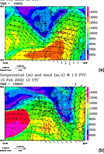 Fig. 2. Simulated altitude and wind on the 1.5 PVU surface: (a) 18 h and (b) 36 h after model