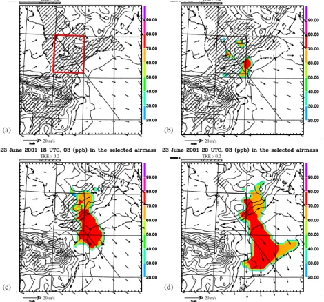 Fig. 8. All panels (horizontal sections at z =2000 m, on 23 June 2001 at (a) 15:00 UTC, (b)