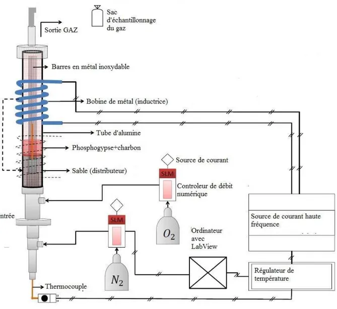 Figure 3-3 : Réacteur à lit fluidisé chauffé par induction (conçu par Mohammad Latifi) utilisé pour  les expériences de décomposition du phosphogypse 