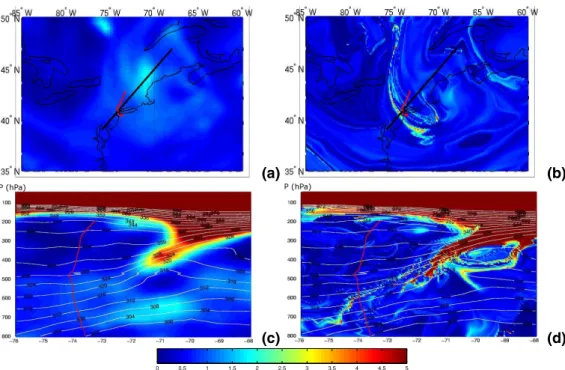 Fig. 8. Potential Vorticity (pvu, colorbar) field on 16 July, 18:00 UTC: (a) at 650 hPa from the