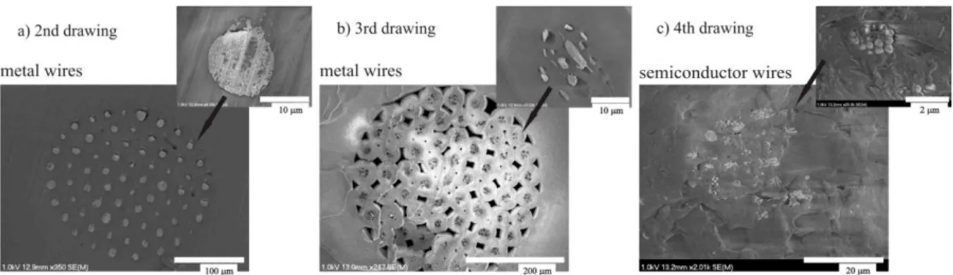 Fig.  3.1.  SEM  pictures  of  the  cross-sections  of  fabricated  wire-array  metamaterial  fibers