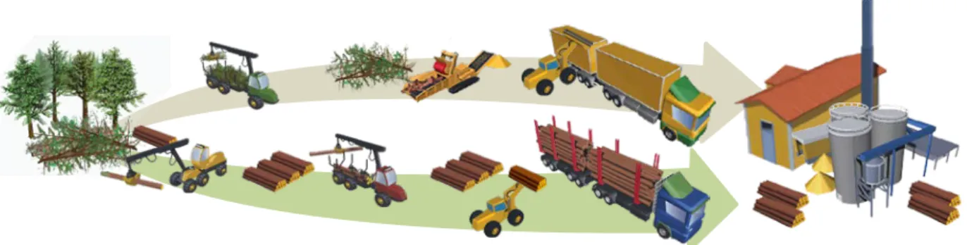 Figure 3-6: Cut-to-Length harvesting system with hogfuel grinder at cutblock roadside (modified 