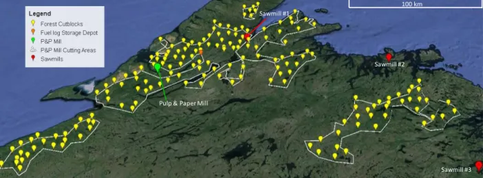 Figure 4-7: Forest Cutblock locations with P&amp;P mill, sawmills and fuel depot (map created using 