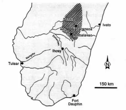 Fig.  8.  Situation  de  l’ancien  royaume  des  Betsileo  (en  grisé)  dans  le  Centre-Sud  de  Madagascar