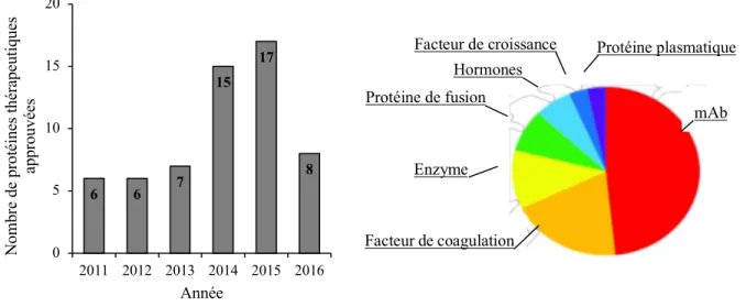 Figure  2.1 :  Protéines  recombinantes  approuvées  par  la  FDA  entre  2011-2016  (a)  et  leur  distribution par classe de protéines (b) (Lagassé et al., 2017)