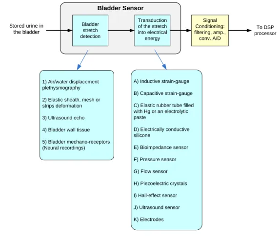 Figure 2-1: Primary and secondary transduction stages of the bladder sensor. A summary of the  potential  measurement principles that may be used in implementing each stage is also shown