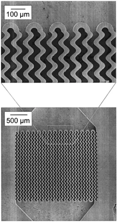 Figure  2.2  Interdigital  microdevice  by  IMM:  a)  scanning  electron  micrographs  of  the  multilamination  inlay  (from  Ehrfeld  et  al.,  1999),  b)  schematic  of  the  flow  direction  (from  Ehrfeld et al., 2001)