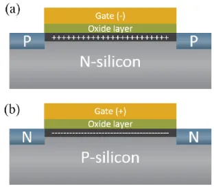 Figure 1-3 Inversion layer formed (a) at the n-Si/dielectric interface in a PNP MOSFET induced  by  applying  a  large  negative  bias  at  the  gate;  and  (b)  at  the  p-Si/dielectric  interface  in  an  NPN  MOSFET induced by applying a large positive 