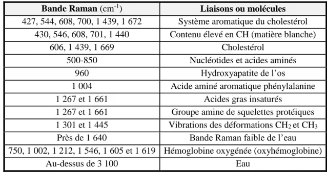 Tableau 1.1 : Pics Raman associés à différentes molécules ou composants des tissus 