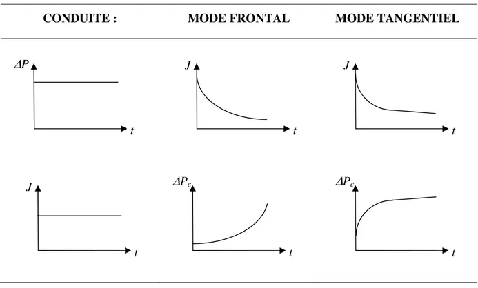 Tableau I-1 : Effet de l’accumulation de matière à la surface ou dans le média filtrant sur le  paramètre de production (J ou  ∆ Pc ) 